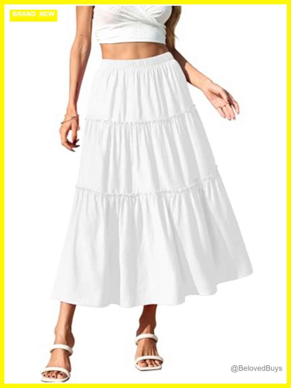 A-Line Flared Ruffle Midi Skirt Cotton Blend Elastic Waist Casual Work